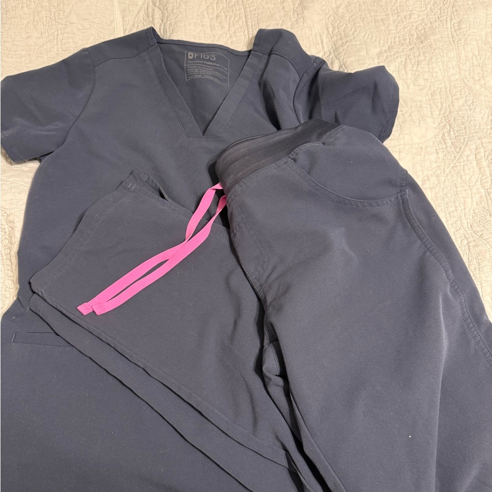 Navy Blue Scrub Set with Pink Drawstring
